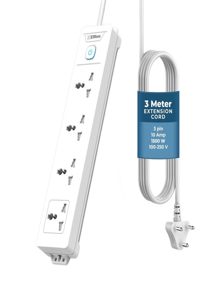 EMBOX لوحة تمديد كهربائية من إمبوكس مزودة بمفاتيح، بقدرة 1500 واط، و4 مقابس عالمية، ومفتاح رئيسي، وحماية من ارتفاع التيار المفاجئ 6 أمبير، ومؤشر LED، وغطاء أمان، وسلك تمديد بطول 3 أمتار. - Image 1